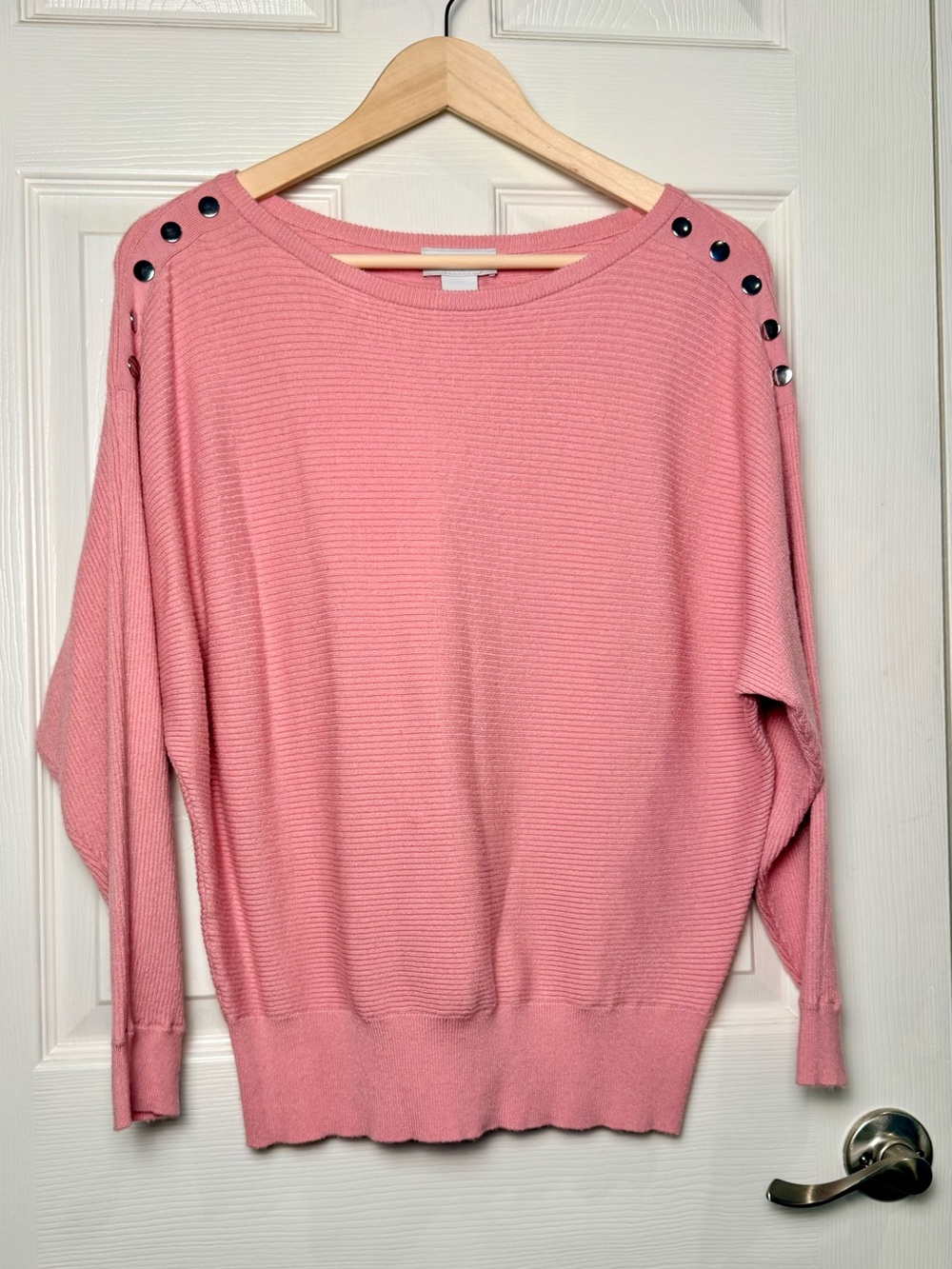 Carmen Marc Valvo Pink Ribbed Boatneck Sweater with Shoulder Buttons